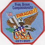 USA Enraged - Free, Brave Compassionate - Eagle Embrassing Twin Towers - 4 inch
