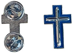 Religious Cross silver and blue pin clutch back 1 inch